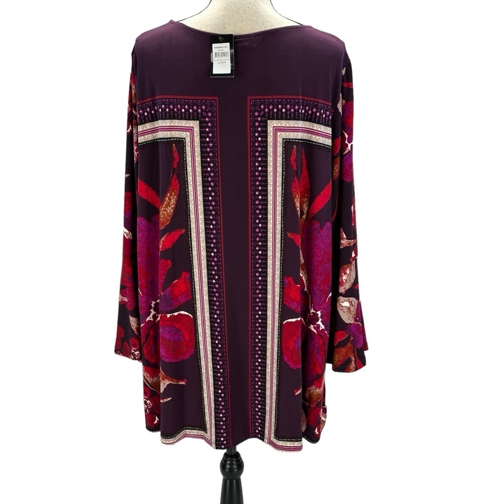 Avenue Long Sleeve Round Neck Berry Floral Print Tunic - Red Purple  - size 22 - Picture 3 of 7